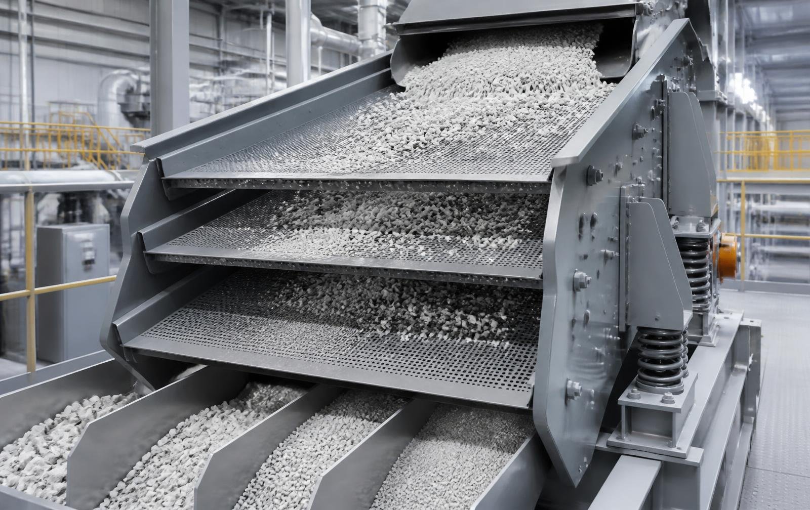 Vibrating screens classifying quartz chips